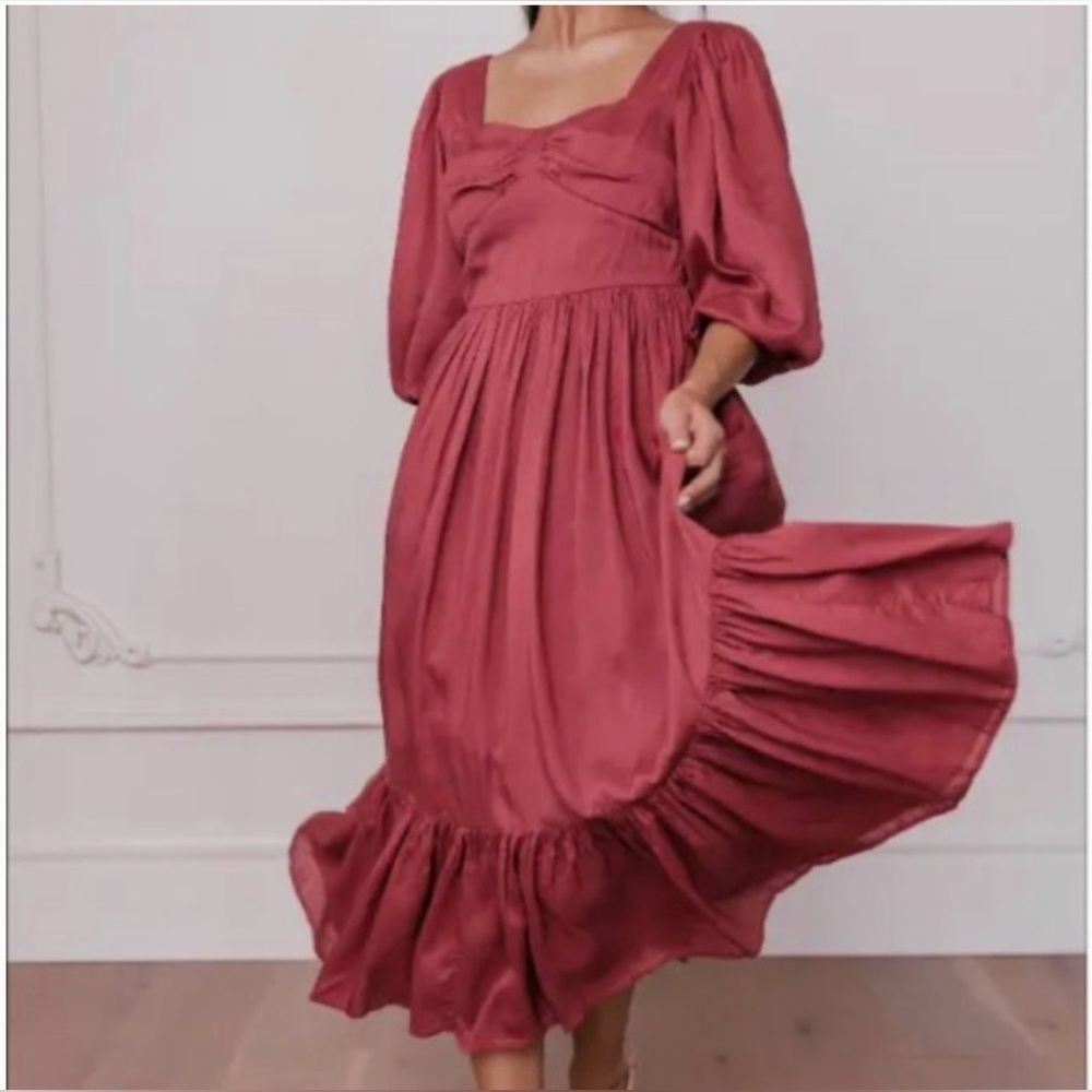 JessaKae Mauve Red Puff Sleeve Midi Dress